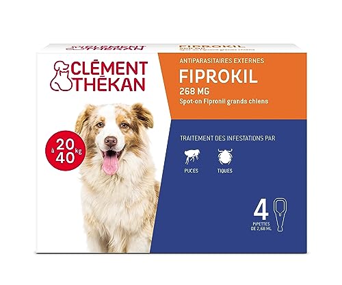 Clément Thékan - Anti-puces et anti-tiques pour grands chiens de 20 à 40 kg - 4 pipettes - Solution pour Spot-on Fiprokil 268 mg