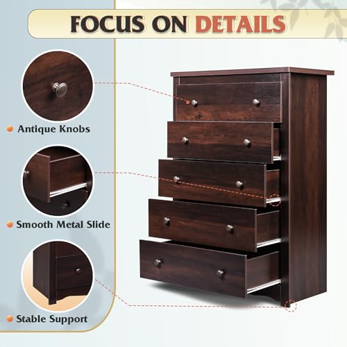 WLIVE Wood Dresser with 5 Drawers, Rustic Brown Wooden Storage Cabinet for Bedroom, Modern Organizer Drawers and Closet Dresser for Living Room, Hallway, Measuring 15.75" W*31.50" D*45.35" H
