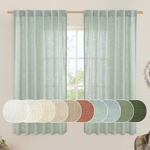 LAMIT Faux Linen Curtains 63 inches Long for Bedroom, Back Tab and Rod Pocket Linen Drapes Light Filtering Semi Sheer Curtains for Small Window/Farmhouse, 2 Panels (52 x 63 Inch, Light Sage)