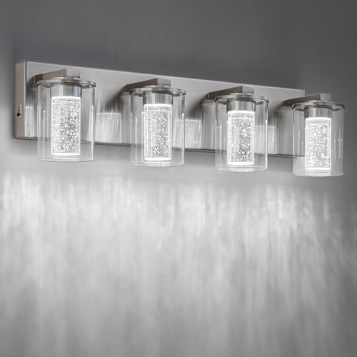 Image of SineRise Bathroom Vanity Light with 3 Color Modes (3000K /4000K /6000K), Eye Protection LED Bathroom Light Fixture, Dimmable Modern Wall Light Over Mirror with Clear Glass Shade (Nickel, 4-Light)