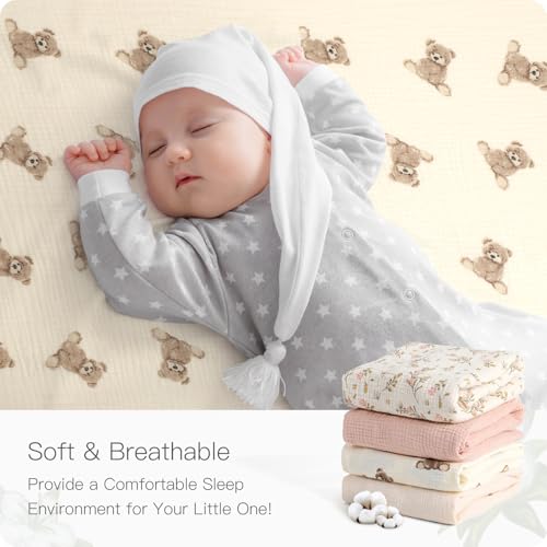 Image of Organic Pack and Play Sheets Fitted 38 inchx26 inch 100% Muslin Cotton, Mini Crib Sheets Compatible with Graco /hiccapop /YENING /Dream On Me /Babylicious Pack N Play Mattress, Playard Bedding Sheet Bed Cover