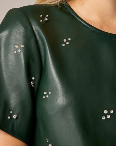 LifeShe Rhinestone Faux Leather Dress for Women Casual Short Sleeve Crew Neck Elegant A-line Mini PU Dresses3