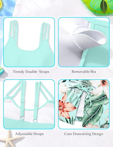 Image of Girls Swimsuit Tropical 3 Piece Tankini Adjustable Strap Bathing Suit Solid Modest Swimwear with Drastring Skirt 9-16y