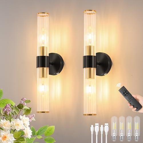 Black Gold Battery Operated Wall Sconces Set of 2, Rechargeable Wall Lights with Dimmable Remote Control, 20“ Modern Sconces Wall Decor, Wireless Wall Lamp for Bedroom, Living Room (Bulbs Included)