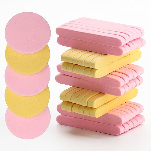 Éponges de visage compressées Luxiv lot de 120 pièces rondes pour esthéticienne rose et jaune
