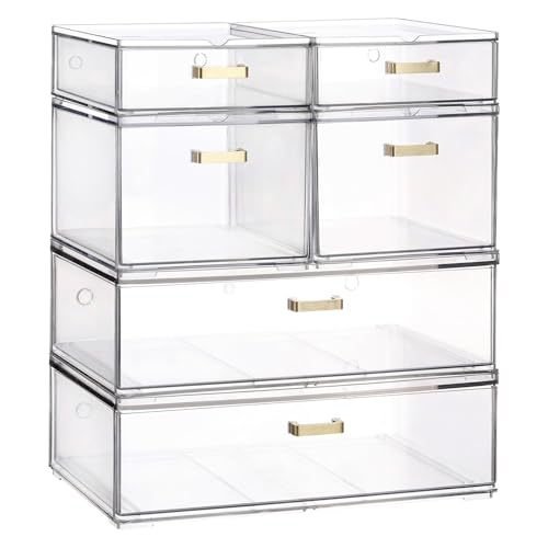LALOBLUE Stackable Storage Drawers, 6 Pack Clear Acrylic Organizer Bins with Golden Handles, Multi-Size Plastic Drawers for Makeup, Vanity, Kitchen, Bathroom, Office, Pantry Organization and Storage