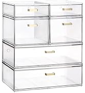 LALOBLUE Stackable Storage Drawers, 6 Pack Clear Acrylic Organizer Bins with Golden Handles, Mult...