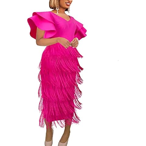 AOMEI Women's Rose V Neck Ruffles Sleeve Patchwork Fringe Tiered Midi Dress (XXL,XX-Large) Cover