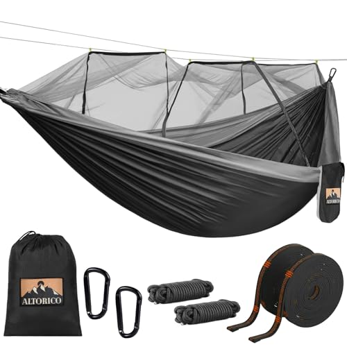 Hamaca Camping con Mosquitero, Hammock de Viaje Doble Portátil 300 x 200 cm Súper Ligero Material, 300kg Capacidad de Carga Paracaídas de Nailon Transpirable, Hamaca Colgante Secado Rápido, NegroGris