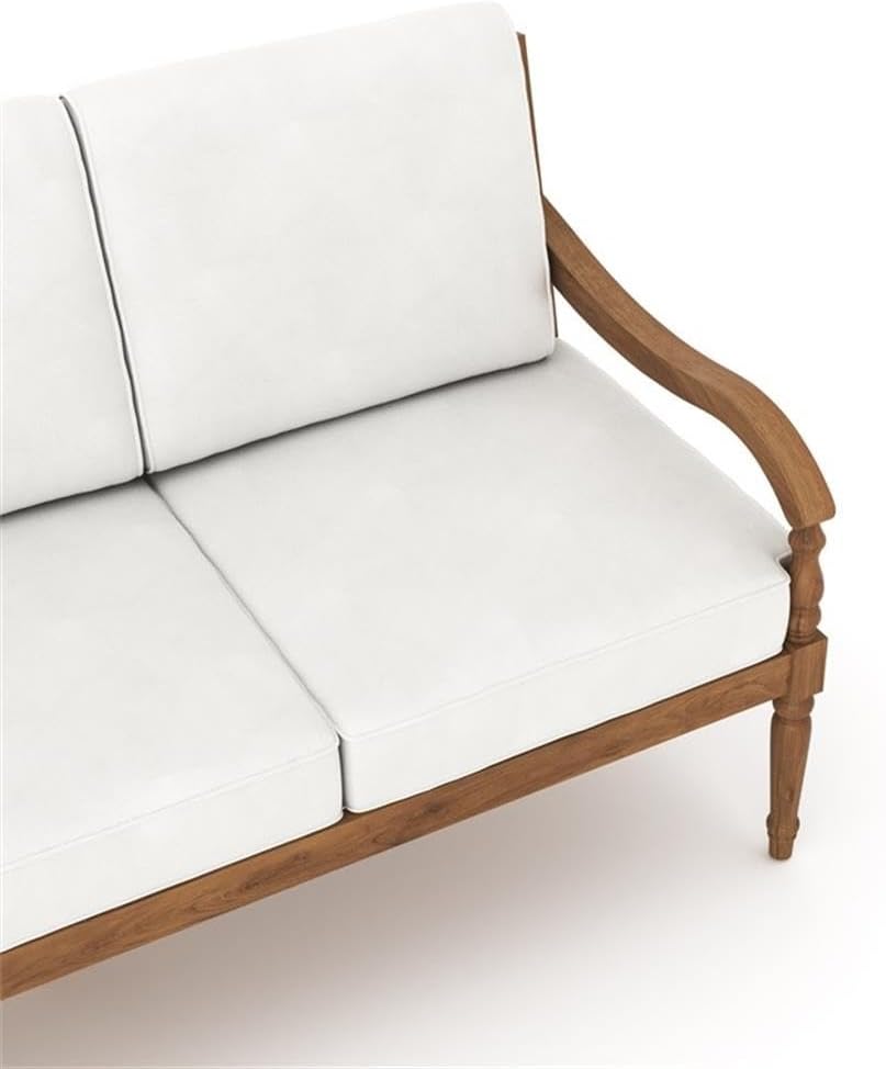Pemberly Row Traditional Patio Sofa, 75.6" W x 31.5" D x 33.7" H, FSC Certified Acacia Wood Frame, Natural Finish, White Linen Polyester Upholstery, Turned Legs, Comfortable Foam Cushions, Outdoor