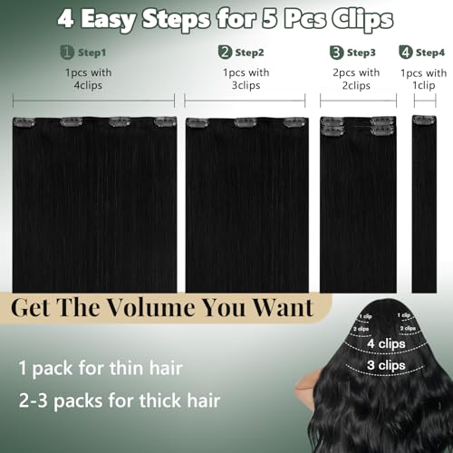 Image of Ugeat Clip in Hair Extensions Real Human Hair Jet Black 12 Inch 5pcs 85g