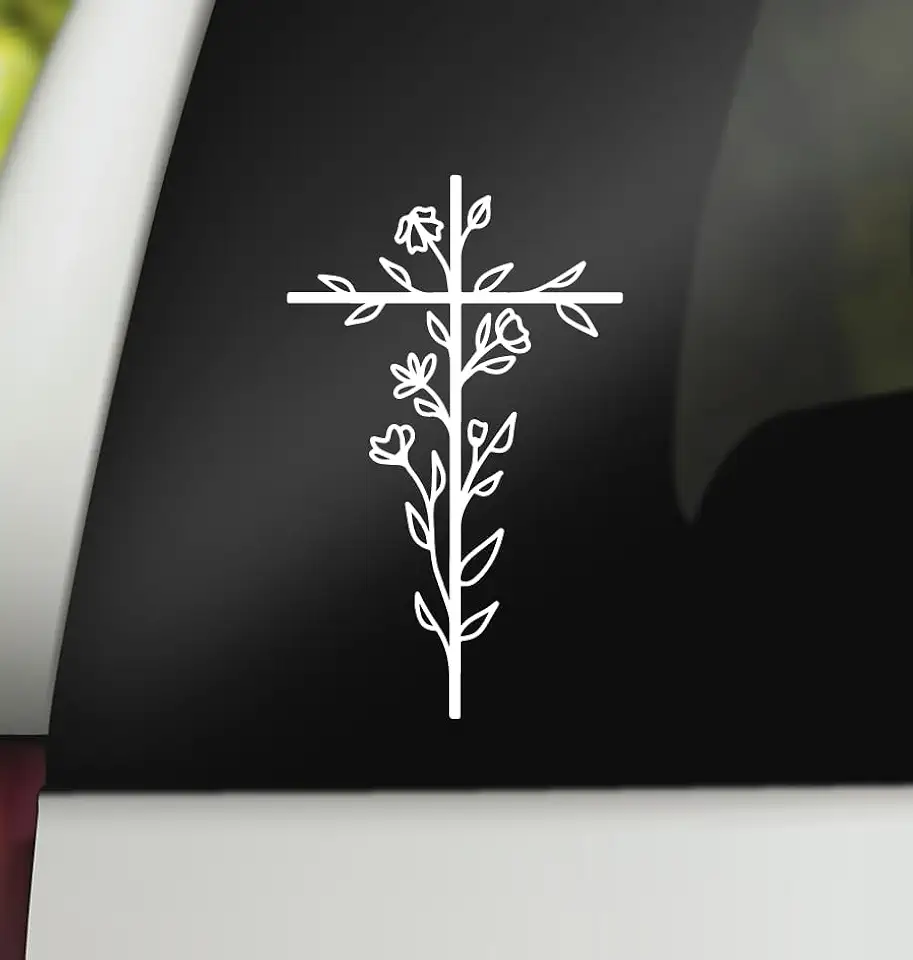 Cross Decal | Floral Cross Decal | Christian Religious Vinyl Sticker | Cross Car Decal Bumper Sticker Window Laptop Tumbler Decal | 4" x 6.5" Size White | Made in USA | DECALBUNNY