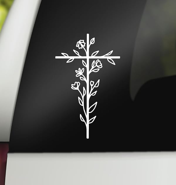 Cross Decal | Floral Cross Decal | Christian Religious Vinyl Sticker | Car Decal Bumper Sticker Window Laptop Tumbler Decal | 4" x 6.5" Size White | Made in USA | DECALBUNNY by DECALBUNNY - Used condition - US$7.19