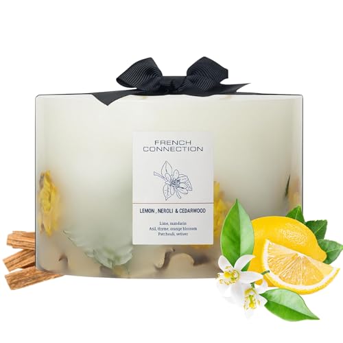French Connection Lemon & Cedarwood Scented Candle Botanical Pillar Candle | Aromatherapy Candles Gifts for Women & Men- (1.5KG/91hr) Burn Time Long-Lasting Large 3 Wick Candle Housewarming Gift