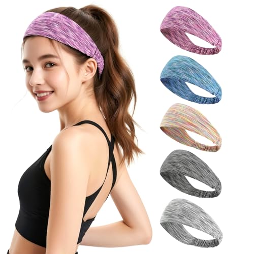 Sweat Headbands for Women – Moisture Wicking Wide Yoga Headband, Non Slip Soft Elastic Sports Headbands for Workout, Running, Gym – 5 Pack Colorful Assorted