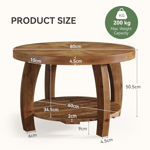 TRIBEWOOD 31.5" Solid Wood Round Coffee Table, 2-Tier Center Table with Mosaic Pattern Tabletop & Storage Shelf, Easy Assembly, for Living Room - Brown - Image 3