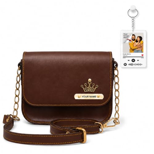 Image of SAVRI Personalized Rakhi Gift for Sister | Customized Leather Sling Bag with Name & Charm and Spotify Photo Keychain with Favourite Song, Personalised Gift Combo for Sister, Behan, Didi- Bro Sis Gift