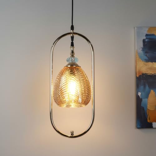 Image of ELIANTE Modern Glass Hanging Light for Living Room & Dining Area | Metal Ceiling Lamp with Elegant Glass Shade | 3 Years Warranty | Free Bulb (Amberic)