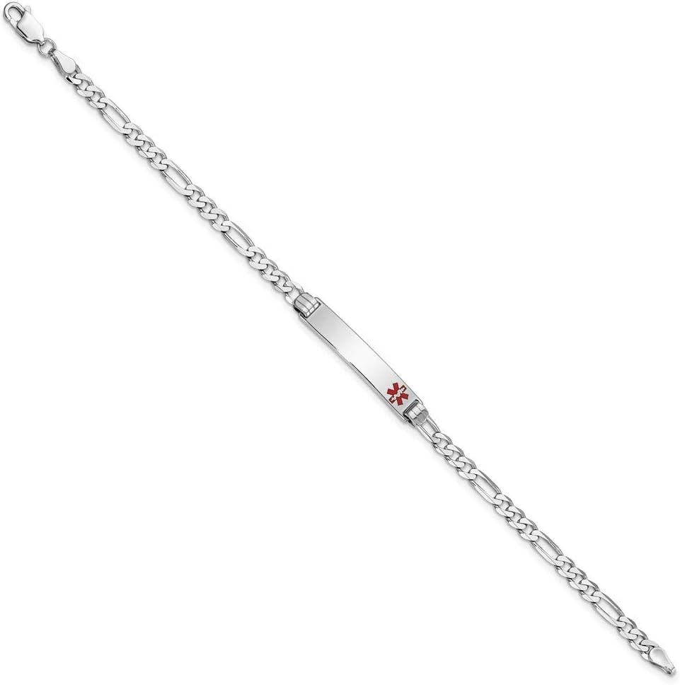 Engravable Personalized Custom 14K White Gold Medical Red Enamel Figaro Link ID Bracelet For Men or Women Length 8 inches Width 5.5 mm
