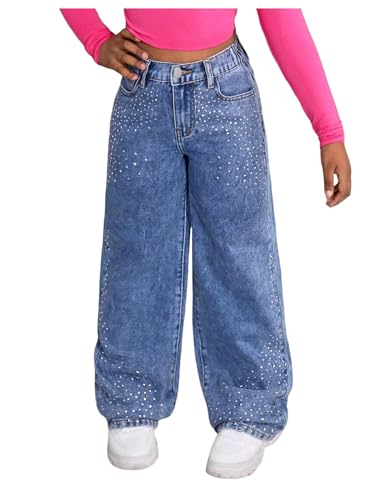 WDIRARA Girl's Rhinestone High Waisted Wide Leg Jeans Baggy Denim Pants with Pockets