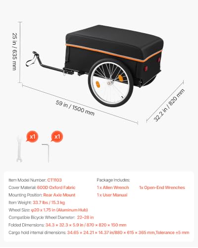 Image of VEVOR Bike Cargo Trailer, 88 /100 /130 /160 lbs Load Capacity, Heavy-Duty Bicycle Wagon Cart, Foldable Compact Storage with Universal Hitch