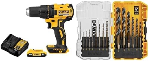 Bundle of DEWALT 20V MAX Cordless Drill Driver Set, 2.0 Ah Battery and Charger Included DCD777D1 + DEWALT Drill Bit Set, 3-Flats Shank,14-Piece, 135 Degree Split Point DWA1184