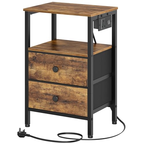 Image of YATINEY Bedside Table with Charging Station, End Table with 2 Drawers and 2 Shelves, Nightstand with Outlet and USB Ports, Industrial Side Table for Living Room, Bedroom, Rustic Brown XET02KBRY1