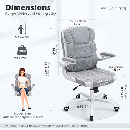 Seatzone Home Office Desk Chairs With Wheels And Flip-Up Armrests, Linen Fabric Executive Office Chair Comfortable Ergonomic Computer Chairs For Adults And Teens, Grey #TOP1