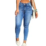 AprPith Skinny Cargo Pants Women High Waisted Jeans Stretch Fashion Casual with Flaps 6 Pockets Dark Blue