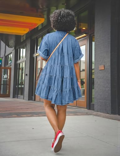 Image of Womens Denim Babydoll Dresses Summer Outfits Button Down Ruffle Tiered Jean Dress