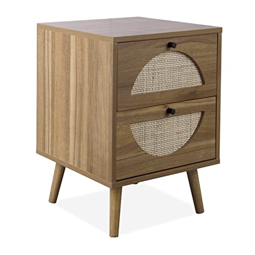 Rattan Nightstand Set Of 2, Farmhouse End Table With Storage Drawers, Modern Accent Wooden Bedside Table For Bedroom Living Room (Walnut) #TOP6