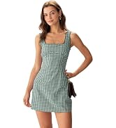 RIHOAS Plaid Gingham Mini Dress, Square Neck Spaghetti Strap A-Line Retro Dress for Fall Summer W...