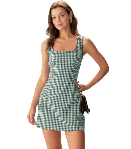 RIHOAS Women's Green Plaid Gingham Mini Dress, Square Neck Spaghetti Strap A-Line Retro Dress for Fall Summer Wedding Guest Tea Party-M