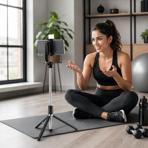 Image of Gismo LED Selfie Stick with Bluetooth Remote, Extendable Phone Holder, 360 Rotating Mount, Foldable Vlogging Accessory for iPhone & Android, Travel, Reels, Live Streaming, Photography- Black