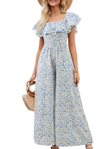 Gardenwed Women's Floral Wide Leg Jumpsuit, Ruffle Short Sleeve Square Neck Summer Casual Palazzo Romper with Pockets Blue Floral XX-Large