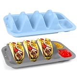 Silicone Taco Plates Holder Set of 2 - Reusable Taco Plates with Dividers & Dip Bowls, Holds 3 Tacos Stand | Microwave & Dishwasher Safe, Heavy Duty Non-slip Taco Tray Stands for Hard/Soft Shells