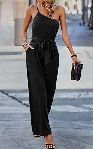 Cctoo Women's Jumpsuits Summer One Shoulder Strap Romper Casual Sleeveless Wide Leg High Waist Pant Jumpsuit With Pockets Black Large #TOP6
