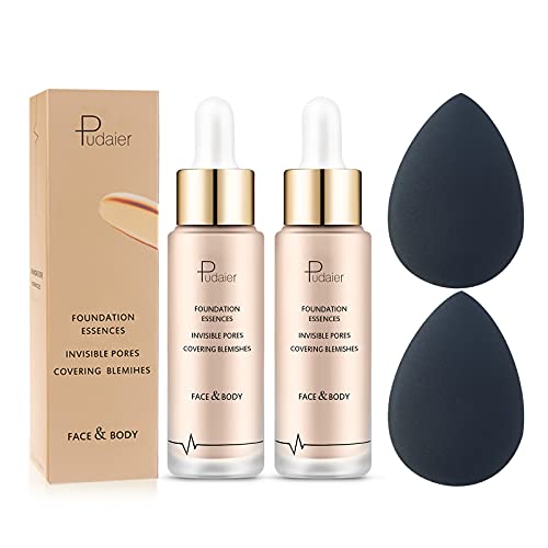 Liquid Foundation Makeup Sunscreen 2 Pcs 35ml Waterproof Oil Control Moisturizing Lightweight Non Stick Concealer Foundation for Face and Body in Glass Bottle with 2 Pcs Black Makeup Sponge