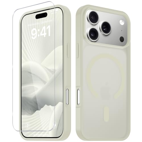 Image of YENAPOON for iPhone 17 Pro Max Case, Matte Magnetic Phone Cover [with 1 Screen Protector] [Support for MagSafe] [Shockproof Military Grade Protection] Translucent Frosted Back, Cream White