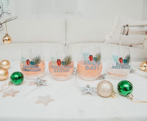 Disney Lilo & Stitch Christmas Teardrop Stemless Wine Glasses, Set Of 4 | Tumbler Cups For Mimosas, Cocktails, Liquor | Home Bar Essentials For Kitchen Decor, Cute Holiday Gifts | Each Holds 12 Ounces #TOP3