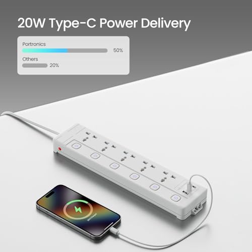 Image of 7-in-1 Power Strip with High Electrical Conductivity | 4 AC Extension Sockets, 2 USB Ports, Type-C Port | Extension Cord with UK Plug Spike Guard Protector for Home, Office, Kitchen, PC