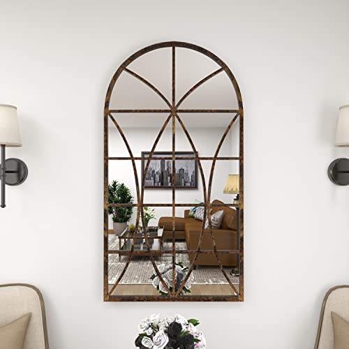 Deco 79 Glass Window Pane Inspired Wall Mirror With Arched Top, 32" X 1" X 59", Brown #TOP5