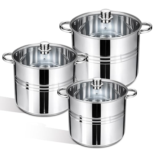 6 Pcs Stainless Steel Stockpot Set with Glass Lids – Heavy Duty Induction Cooking Pots (16.2L, 13.5L, 11.1L) | Large Soup & Stew Pots for Kitchen, Catering, and Home Cooking Cookware Set