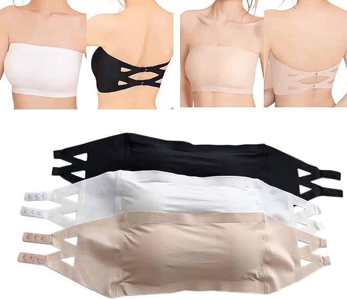 ChicAbodeIce Silk Tube Bra Strapless Seamless Anti-Skid Non-Slip Top, Women's Ultra Thin Padded Bandeau Back Beautify 3 Pcs, One Size