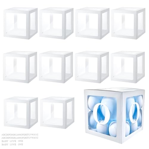 AHAQU 10PCS Baby Shower Decorations Boxes White Transparent Balloon Box with 70 Letters (2 Sets of A-Z+BABY+LOVE+ONE) for DIY Birthday Party Gender Reveal Theme Party Supplies Decoration