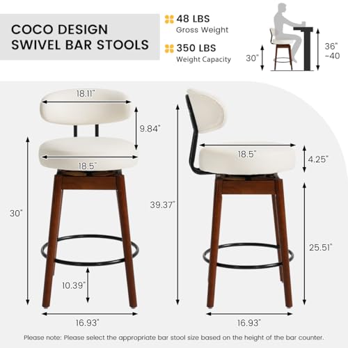 Image of COCO DESIGN White Counter Height Bar Stools Set of 4, 26 inch Swivel Chairs | Upholstered Faux Leather, Solid Wood Legs, Modern Mid Century Chairs for Kitchen Island