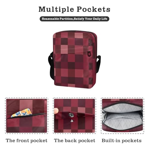 crossbody messenger bag shoulder bags Womens Cross Body Purses Adjustable Strap for business business- Fresh Squares Burgundy Red2