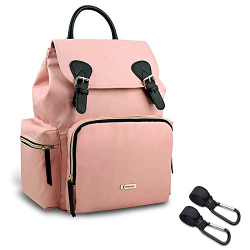 Vogshow Waterproof Diaper Bag, Multifunction Stylish Travel Backpack with 2 Stroller Hooks, Pink