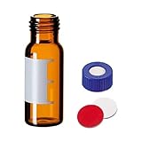 neochrom Schraubfläschchen mit Schriftfeld, Braunglas, Gewinde 9-425, Blauer Deckel, Rotes PTFE/Weißes Silikon, 2mL Kapazität, 100 Stück