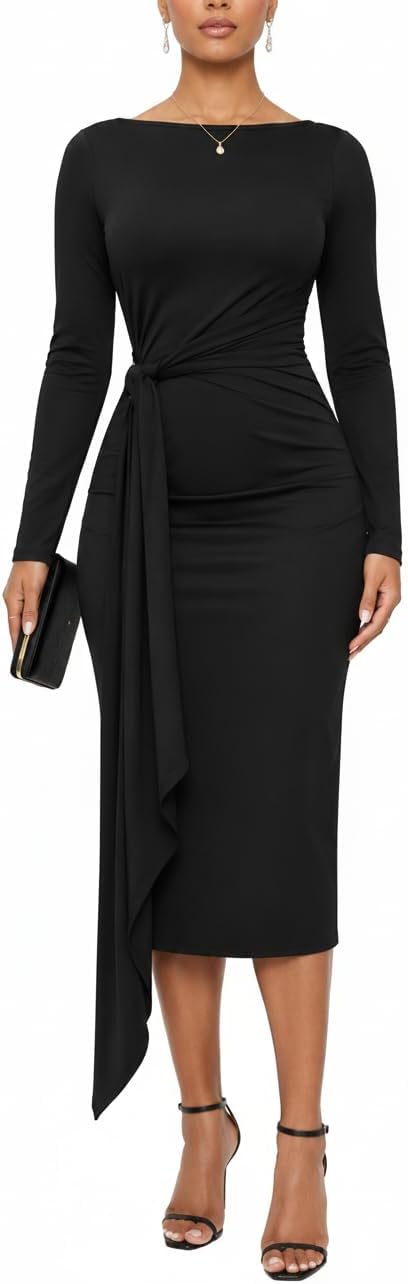 ENOPINK Womens Elegant Long Sleeve Wedding Guest Dress Ruched Bodycon Party Cocktail Church Midi Formal Dresses